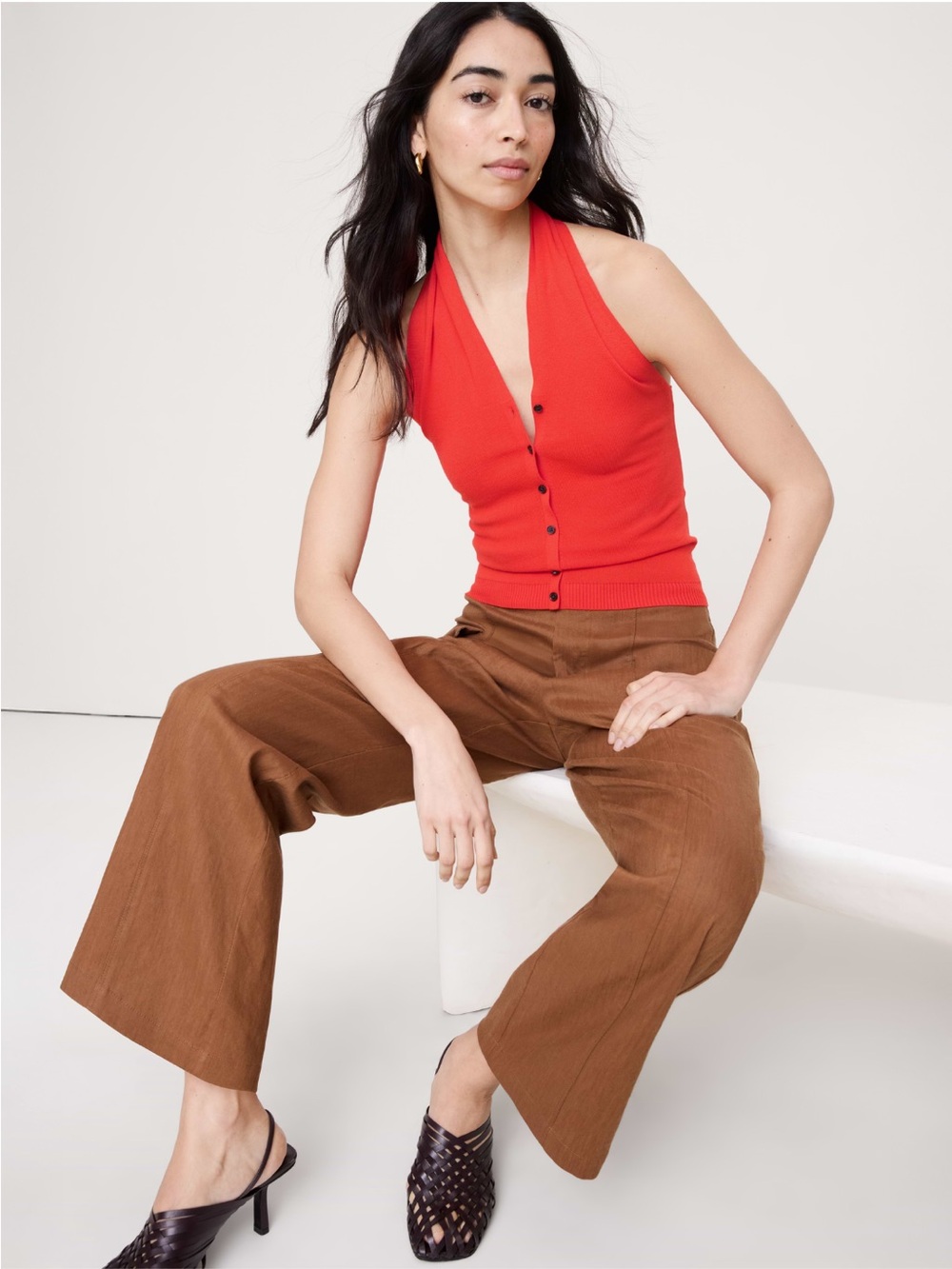 Banana Republic sculpted button front halter top in hot red - Picture 2 of 8
